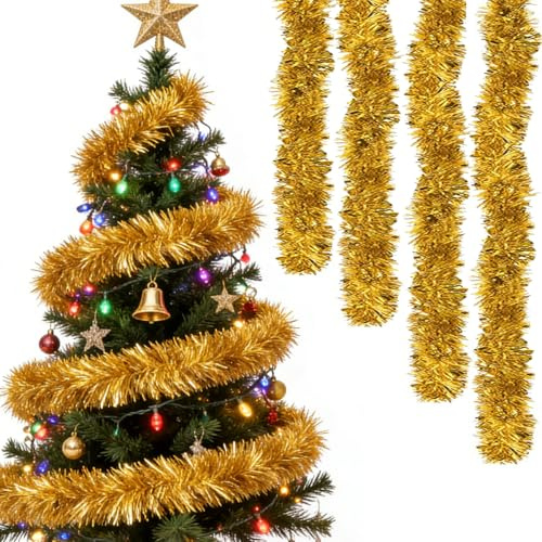 Guirnalda de Espumillón de Navidad, Uirnalda de Espumillón de Navidad, Espumillon Arbol Navidad, Brillante Espumillón, Adornos de Navidad para Interior y Exterior y Fiestas navideñas, Oro