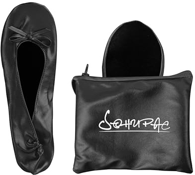 Women's Foldable Flats, Portable Ballet Flat Roll Up Slipper Shoes with Travel Pouch Bag for Ballerina Wedding (Black Medium)