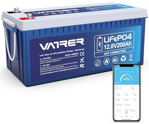 VATRER POWER 12V 200Ah Batterie LiFePO4 APP Bluetooth Batterie Lithium 200A BMS 2560W Rechargeable 5000+ Cycle pour Système Solaire, Camping-Car, Caravane, Hors-Réseau