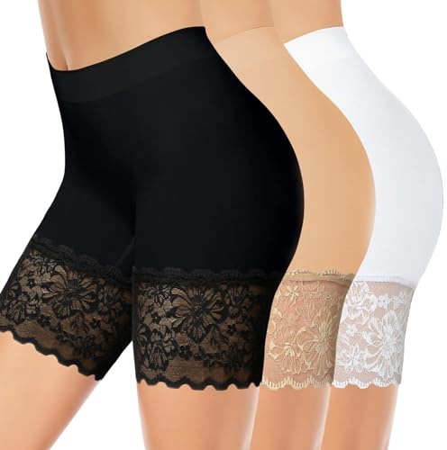 ZENUTA 3 Pack Lace Slip Shorts for Women Under Dresses, Seamless Anti Chafing Summer Under Dress Shorts Women (3pcs Black White Nude, L)