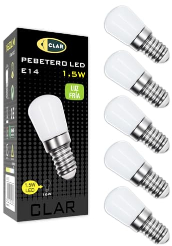 CLAR - Kühlschranklampe LED, E14 LED, Glühbirne E14, Kühlschrank Glühbirne, E14 Glühbirne, LED E14, Kühlschrank Licht, Leuchtmittel E14, LED Birne E14, 1,5W (Pack 5)