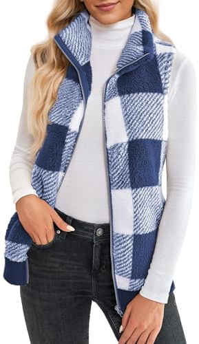 Maeau Gilet da donna in pile a quadri, senza maniche, in peluche, con cerniera, leggero, per autunno e inverno, Blu bianco, L