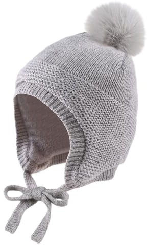 XIAOHAWANG Chaud Earflap Bonnet Bébé Fille Garçon Hiver Bonnet Enfant Tout Petit Mignon Pompon Chapeau avec Polaire (2-5 Ans, Gris Bonnet)
