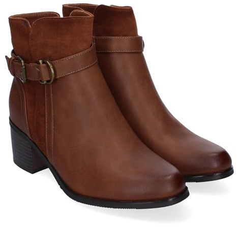 shoes&blues.es 86623 Botines de Tacon para Mujer, Comodos y Elegantes con Detalle de Hebilla, Punta Redonda y Cierre de Cremallera Lateral, Ideales para Otono-Invierno. Kaki Talla 37