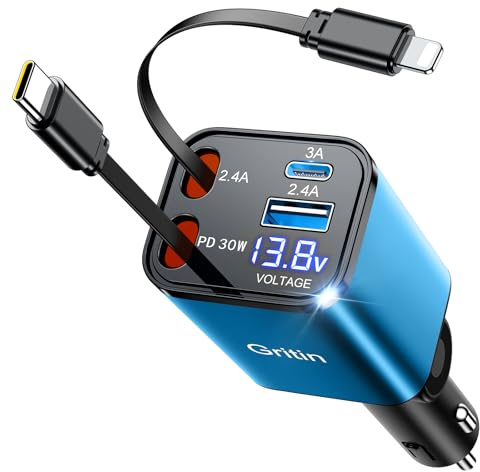Gritin 4 en 1 Rétractable Chargeur Allume Cigare Voiture USB C 69W, PD 3.0 Charge Rapide Chargeur Voiture avec USB-C/USB-A, Prise Ajustable, Voyage Car Accesoire pour iPhone/Galaxy/Android,Bleu