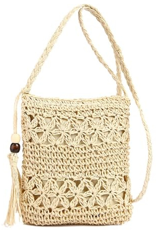 ChAusa Borsetta Uncinetto Borsa Paglia Borsetta Tracolla Donna Piccola Borsa Paglia Mare Tote Bag Straw Crossbody Vacanze Estive Boho Tote Bag for Women Ideale per Estate Viaggi Tempo Libero(Beige)
