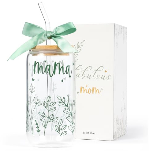 Gifts for Mom-Bow Mama Glass Cup with Lids and Straws Cute Aesthetic Iced Coffee Cup Smoothie Tumbler Gift for Mothers Day Christmas New Mom to be Personalized Birthday Presents for Women 16oz