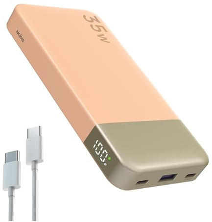 NOBIS Bärbar Laddare, 10000mAh Powerbank Snabbladdning, Batteripaket med C till C-kabel, Batteribank med Digital Display för iPhone, iPad, Android etc. (Orange, 35W)