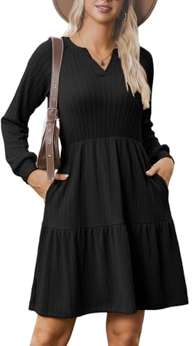 Zeagoo Long Sleeve Jumper Dresses for Women UK Elegant V Neck Autumn Dress Lightweight A-Line Jersey Tunic Dresses Black L