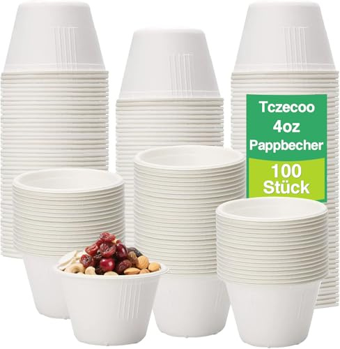 Tczecoo 100 vasos de papel para souffle, 4 oz, vasos de muestras de papel para salsas, porciones de especias, helados, vasos de degustación para nueces, salsa, helado, aperitivos, salsas, salsas
