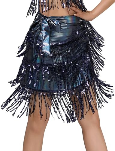 SEAUR Falda latina para mujer, bailando con flecos, metálica, para danza del vientre, de charol, falda de baile, talla única, azul, Talla única