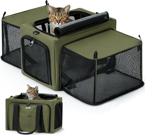 Pecute Cat Carrier Expandable, Stable Pet Carrier with 5mm Thick Steel Wire Frame, Dual-Side 200% Larger Space, Car Travel Carrier with Locking Zippers & Belt, Foldable for Storage,Green