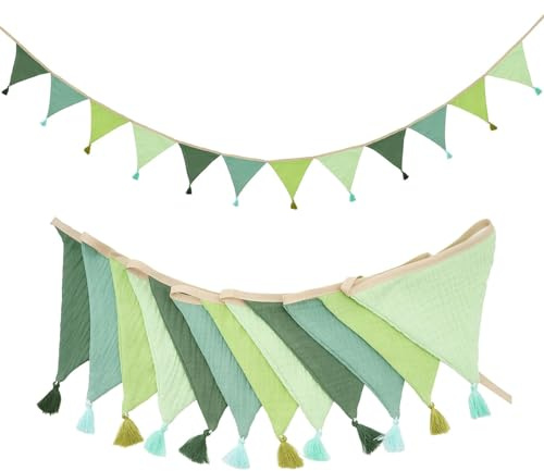 Fabric Bunting Banner With Tassels, 2.6M Green Cotton Garland | Double-Sided Triangle Garland Flags for Birthday Parties, Weddings, Bedrooms, Celebrations and Decorative Displays