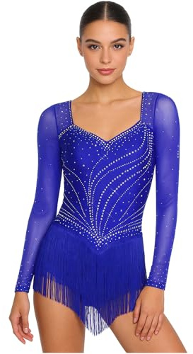 Linyuir Abito da Ballo Latino da Donna Abito Ballo Lirico Moderno Donna Salsa Gonna Corta per Rumba Manica Lunga Vestito Ballroom Festa del Prom Blu Reale XL