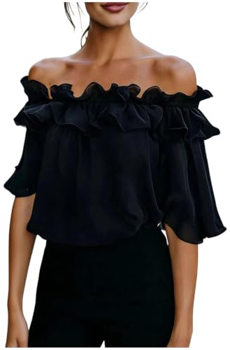 Générique Blouse Boho Manches Mi-Longues Col Carmen Volants Haut Chiffon Léger pour Été Sorties Vacances Plage Tendance Élégant Confortable Fluide Idéal Quotidien Soirées Estivales