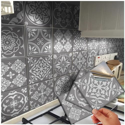 48 Grey Tile Stickers Victorian Mosaic Tile Stickers Transfers Cover 4x4 10x10cm for Kitchen Bathroom Stick On Wall Peel N Stick Tile Decals