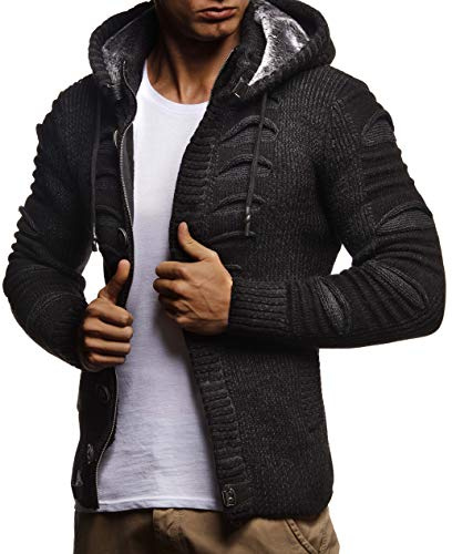 Leif Nelson Men Cardigan Jacket Hood LN-5605 Anthracite Black Large