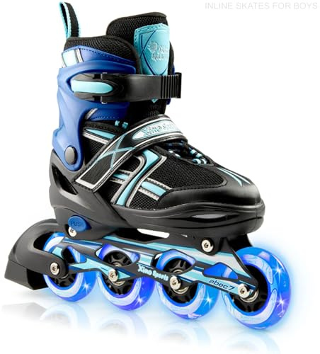 XINO SPORTS Adjustable Inline Skates for Boys and Girls - Pro Quality - Beginner Friendly with Illuminating LED Light-Up Wheels, for Indoor and Outdoor Skating (Aqua, Large 5-8)