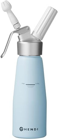 HENDI Siphon à chantilly, avec 3 douilles en polypropylène et brosse de nettoyage, siphon de cuisine, siphon à crèmes mousses desserts et sauces froides, 0,5L, ø80x(H)260mm, aluminium, bleu pastel