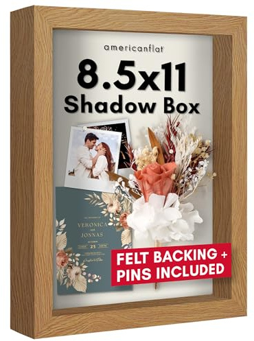 Americanflat 8.5x11 Shadow Box Frame with Shatter-Resistant Glass - Silhouette Collection - Large Shadow Box Display Case for Tabletop and Wall Display - Dark Oak with Soft Felt Back