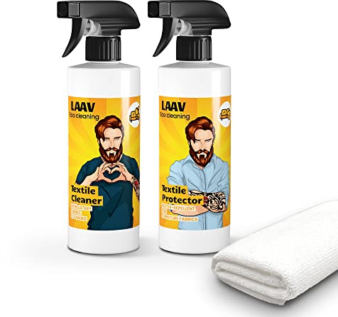 LAAV Kit di Pulitore Tappeti, Divani, Sedili (3 pz) I Detergente per Tappeti e Tappezzeria TEXTILE CLEANER (500 ml) | Spray Impermeabilizzante per Tessuti TEXTILE PROTECTOR (500 ml) I Panno