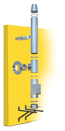 Chimenea de acero inoxidable OskarØ 150mm kit length 7,7m - 25mm insulation 0,5mm wall thickness wall distance 200-400mm, Técnica de conexión innovadora, Fácil instalación, Larga vida útil