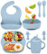 Jissta Kindergeschirr Baby-Teller, 8-teiliges Set Kinderteller mit Saugnapf, Teller Lätzchen Schüssel Löffel Gabel Baby Trinkbecher, Silikonplatte Baby rutschfest ohne bpa (blau)