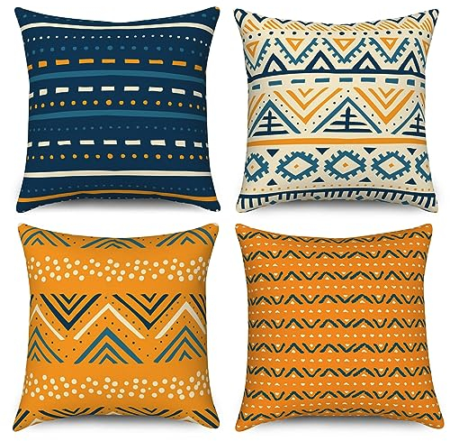 ASDCXZ Boho Kissenbezug 40x40 cm 4er Set, Modern Boho Geometrie Streifen Blau Gelb Sofa Dekokissen Kissenbezüge Kissenhülle Waschbar Polyester Flachs Textil Polster Kopfkissenbezug Kissen Bezug