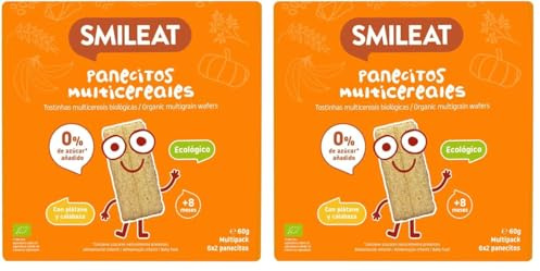 Smileat - Panecitos Multicereales Ecológicos, Ingredientes Naturales, Snacks y Meriendas, Para Bebés a Partir de los 6 Meses, 60g (Paquete de 2)
