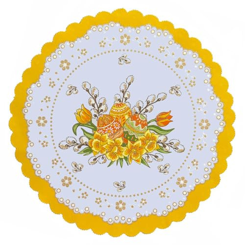 Taste of Poland Polish Traditional Easter Eggs with Pussy Willows Table Doily / Runner (Yellow/White, Round Doily 13.5x13.5), RD030