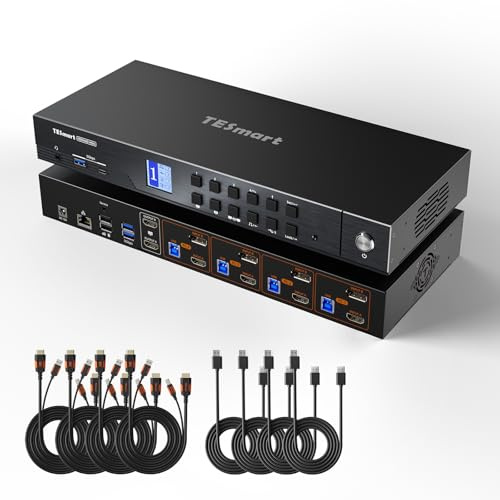 TESmart 8K@60Hz HDMI DisplayPort KVM Switch 4 PC 2 Monitores, Conmutador HDMI 2.1 y DP 1.4, Dual Monitor 4K@144Hz, USB 3.0, LAN Gigabit, Hotkey, EDID, VRR, Incluye 8 PC Cables, Versión 2026