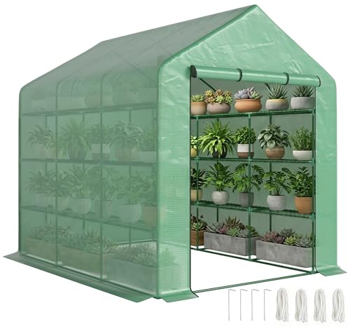 Outsunny PE-växthus med hyllor 4 nivåer, 4,39 m², balkongväxthus, förstärkt presenning 140 g/m², stålram, rullbar dragkedja, växthus, växthus, växthus, blomma, 244 x 180 x 210 cm, grön