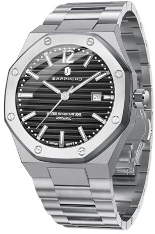 SAPPHERO Automatic Watches for Men Luxury Men's Watches Mechanical Date Analog 50 Meter Waterproof Business Stainless Steel Strap Wristwatches for Man Sliver Black Outdoor/Indoor