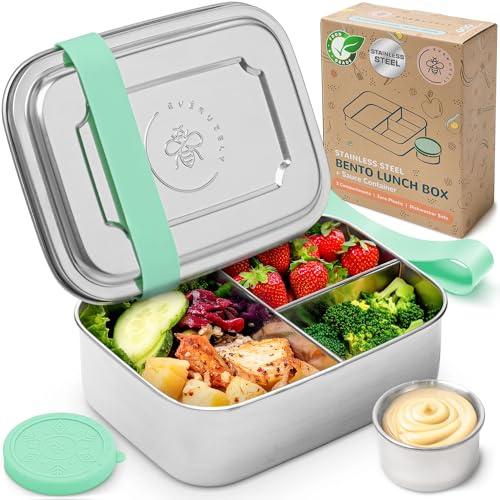 Everusely - Bento Box - Green - 1,1 L - Lunch box in acciaio inox con contenitore per salse a tenuta stagna - Contenitore snack a 3 scomparti