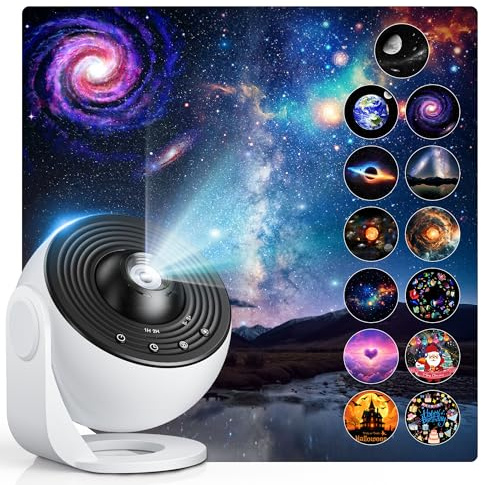 CAKLIK Proyector de Cielo Estrellado con 13 Discos de película, proyector LED silencioso para Galaxia, Temporizador y rotación de 360°, proyector de Estrellas para Dormitorio, Fiestas y días Festivos