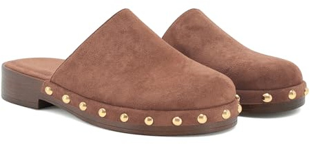 MICIFA Dark Brown Studded Platform Mules for Women Closed Round Toe Suede Clogs Slip On Backless Flat Mules Comfortable Casual Slides Shoes