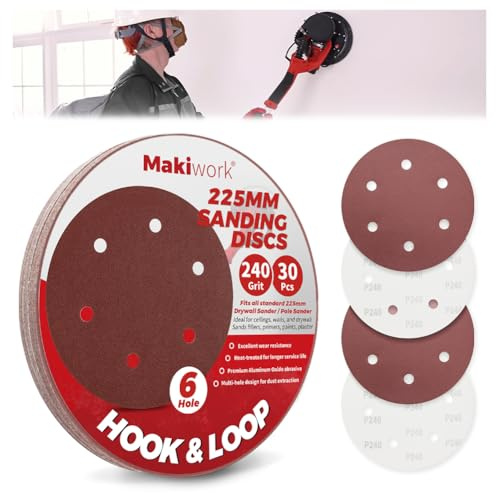Makiwork 30PCS 9-Inch 6-Hole 240 Grit Hook & Loop Sanding Discs – Heavy-Duty Aluminum Oxide Sandpaper for Drywall Sander, Paint Removal, Wood & Metal Surface Prep