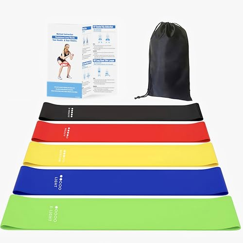 Fitnessbänder 5er Set – 5 Verschiedene Stärken, Naturlatex Resistance Bands Widerstandsbänder mit englischer Übungsanleitung & Tragebeutel, Gymnastikband Fitnessband – Pilates Yoga Muskelaufbau