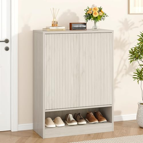 GUVIBAYB Zapatero Estrecho 5 Niveles, Apertura por Presión, Gris Claro | 80x37x104cm, armario con puertas, aparador moderno, tablero de partículas, para entrada, pasillo y salón