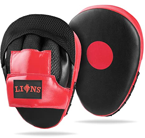 Lions Curved Focus Pads Hook & Jabs Gloves Punch Bag Mitts Boxing MMA Kick Training (Mesh Red)
