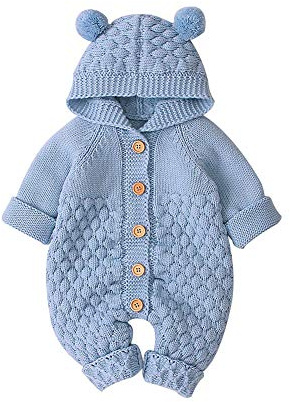 VICROAD Baby Hooded Knitted Rompers Newborn Girls Boys Onesies Warm Sweater Jumpsuit Outfits, Blue, 3-6 Months/66 cm