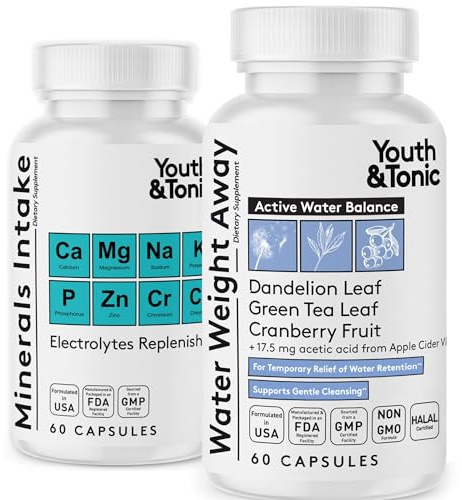 Youth & Tonic Water Pills for Water Retention – Flush & Shed Excess Fluids for Bloat Relief & Puffiness – Swelling Support for Legs & Feet – Diuretic 2 Pack with Electrolytes – 120 Capsules