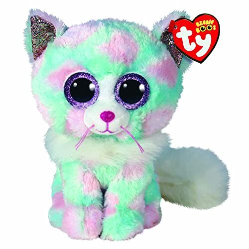TY - Peluche - Beanie Boos - Gatto - Opal - Azzurro, Bianco e Rosa - Gattino con occhioni e orecchie glitter viola - Il morbido pupazzo con gli occhi grandi scintillanti - 15 Cm - 36376