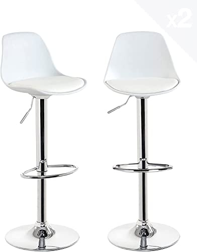 HUOLE Set di 2 Sgabello da Bar Moderno Sgabello Alto con schienale in Simipelle Sedia Alta da Cucina Regolabile Girevole-Bianco-2pz