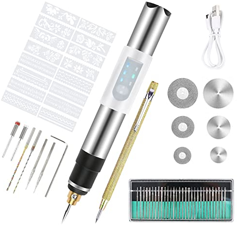 Elektrischer Gravierstift, Kabelloses Graviergerät, Wiederaufladbarer Gravierwerkzeugsatz mit Zubehörsets, Schablonen und Reißnadel, Für Glas, Holz, Metall, Stein, Kunststoff, Keramik