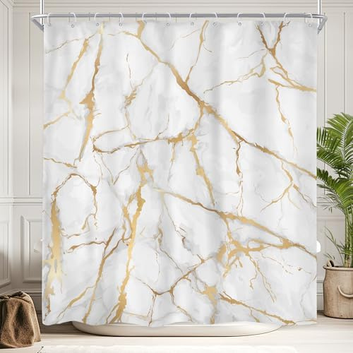 Newsely Cortina de Ducha de mármol Blanco y Dorado de 152 cm de Ancho x 182 cm de Alto, Abstracta, Moderna, grieta, Textura de Lujo, Tinta líquida, geométrica, Juego de Cortina de baño única e