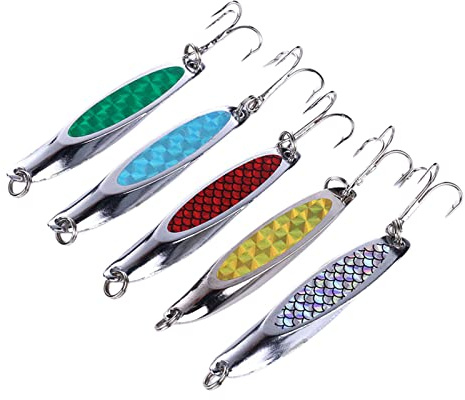 Lot de 5 leurres de pêche en métal avec cuillère, hameçon, hameçon, kit de leurres de pêche avec boîte pour perche, brochet, truite, perche, 7 cm, 21 g
