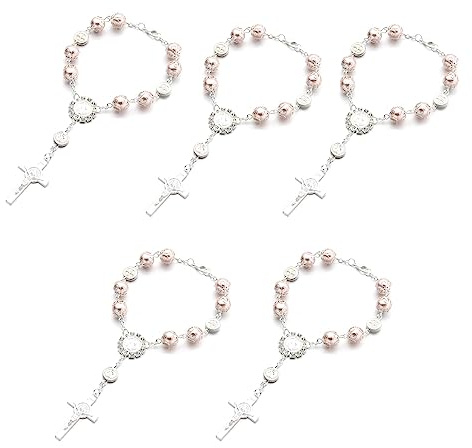 Floatdream 5 stycken kors kristen radarmband, kors kristen armband, korspärlarmband, för födelsedagar, konfirmationer, nattvardsgång, dop, fester (rosa), 9