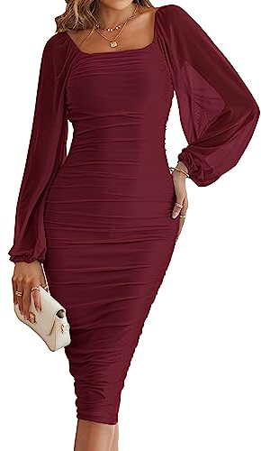 MEROKEETY Vestido Midi Fruncido de Manga Larga abombada para Mujer, Cuello Cuadrado, Malla, cóctel, Fiesta, Winered, Large