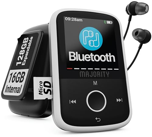 Reproductor MP3 Bluetooth con Clip Deportivo | Auriculares con Cable iIcluidos | Memoria Interna de 16 GB, Ampliable hasta 128 GB | Batería con 34 Horas de Duración | SD y USB-C | MAJORITY MP3 GO
